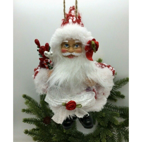 Santa Claus Christmas Ornament Red & White Plaid Hand Decorated - Picture 1 of 8